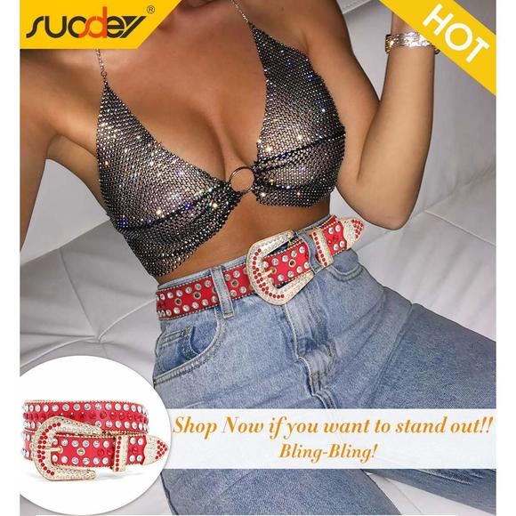 Rhinestone Belt For Men Women Western Cowboy Cowgirl Bling Studded Leather🐘